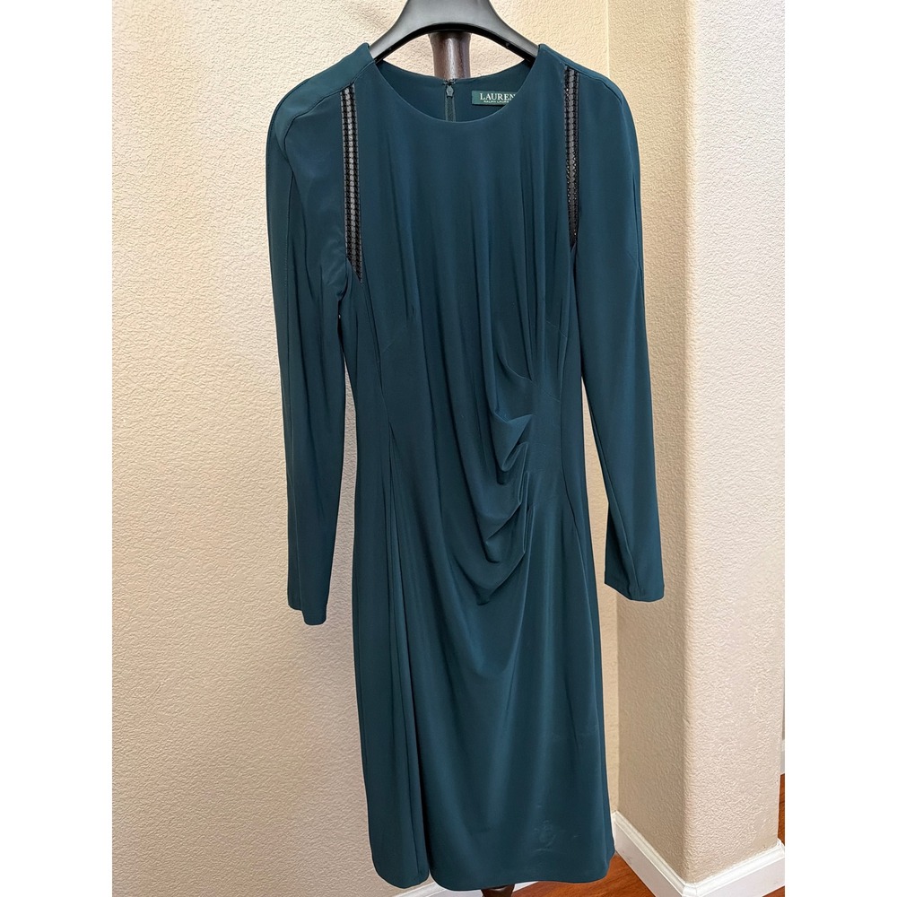 Lauren Ralph Lauren Teal Ruched Sheath Dress Long Sleeve Lace Trim 6